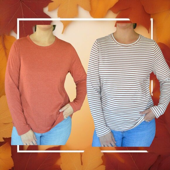 Time and Tru Fall Long Sleeve T Shirt Bundle Size XXL Rust Brown Cream Stripes - Picture 1 of 9